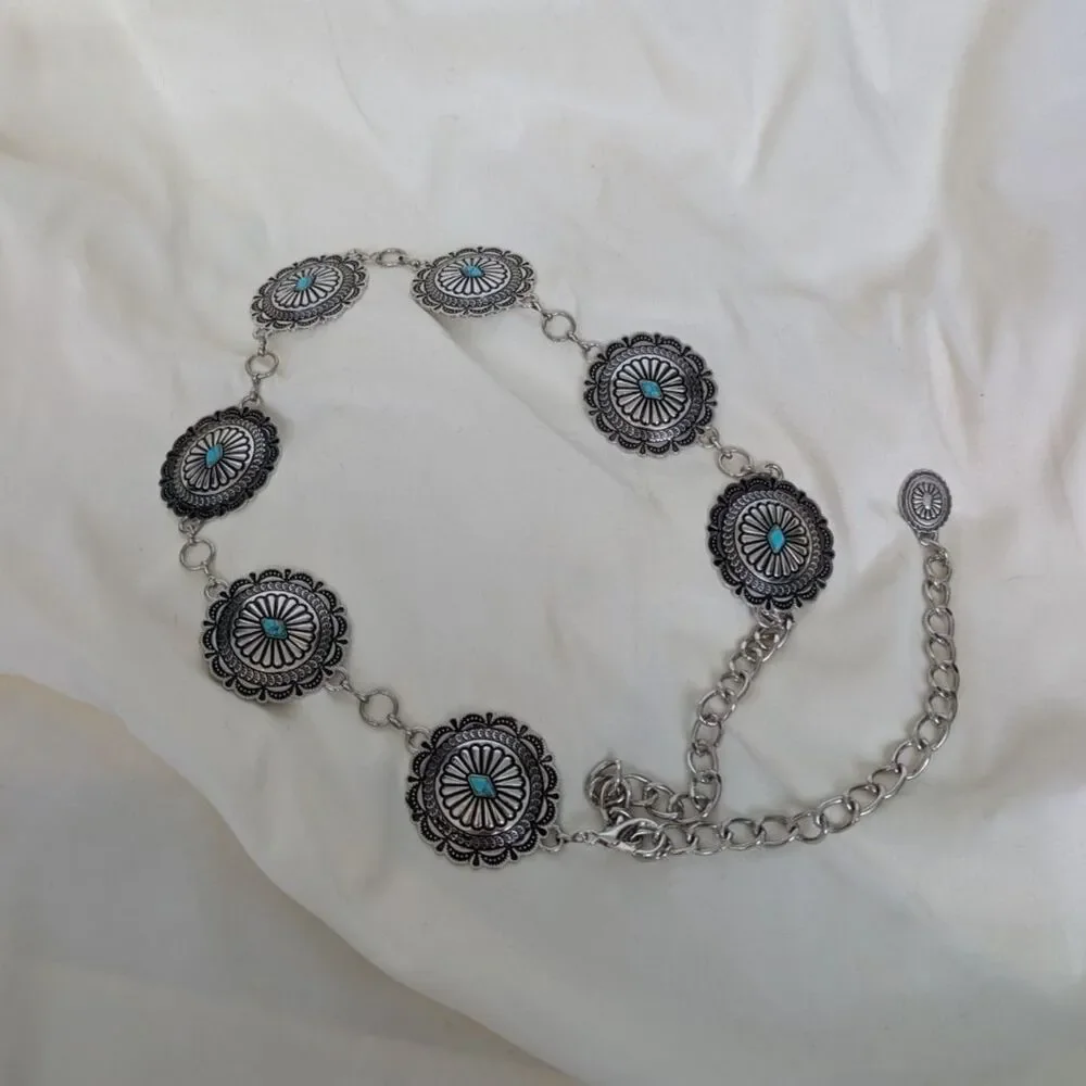Y2K Boho Layered Silver Turquoise Medallion Detail Chain Belt OS Fits Most